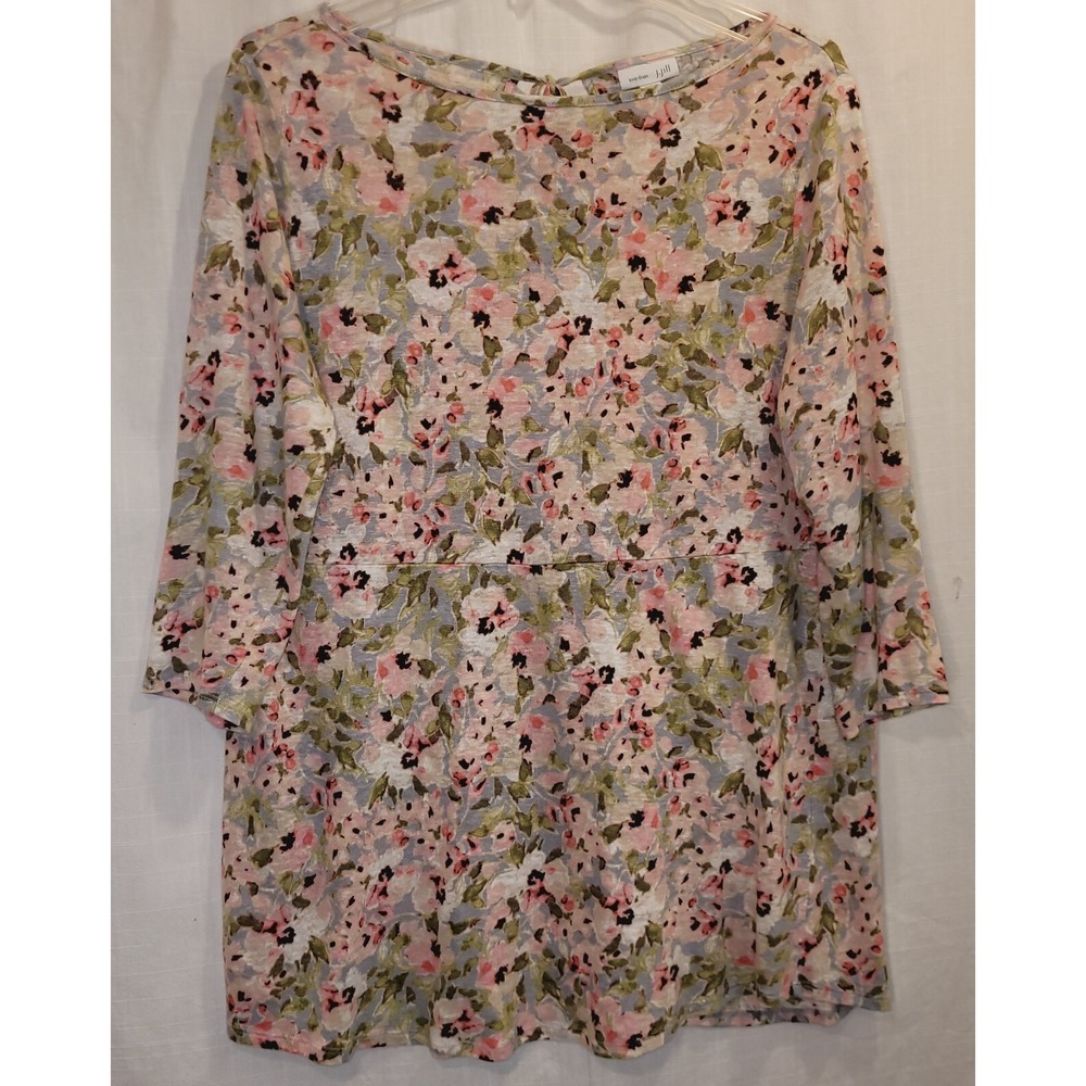 J Jill Love 100% Linen Sm - Med Floral Knit Tunic Top Watercolor 3/4 Sleeves EUC
